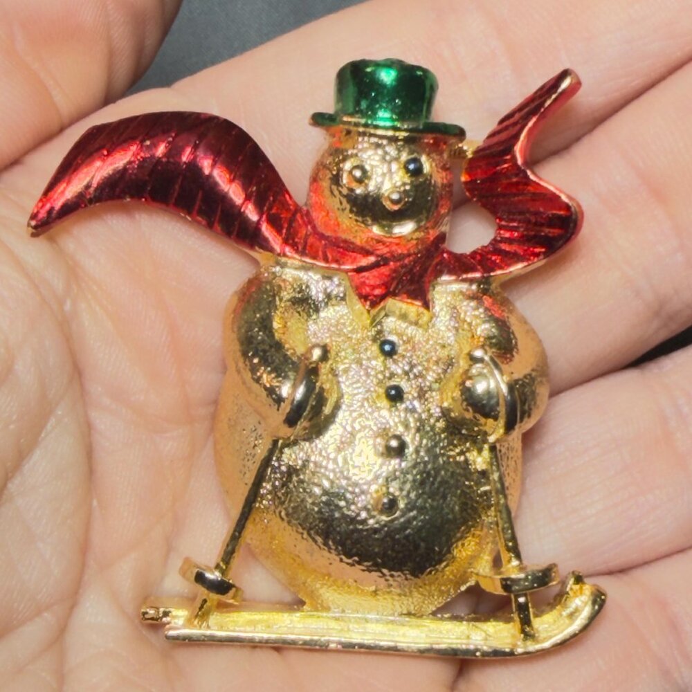 Gerry’s Snowman Brooch Red Scarf Christmas Skating Pin 2”